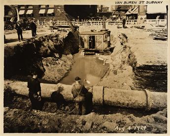 (CHICAGO--CONSTRUCTION) An album with 34 photographs of subway construction views in downtown Chicago, including 10 two-part panoramas.